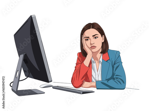 Bored at Work: A professional woman sits dejectedly at her desk, lost in a moment of profound work boredom, amidst the modern office setting.