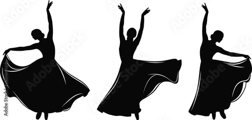 Dancer silhouettes, graceful poses, flowing dress, black white illustration, dance movement, elegant figure, artistic graphic, ballet, choreography