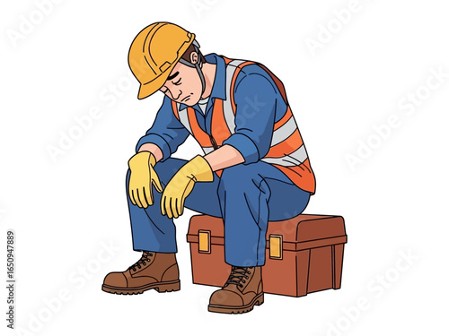 Weary Constructor's Pause: A construction worker takes a moment of rest, head bowed in weariness against the backdrop of a challenging day's labor. Capturing the raw human experience