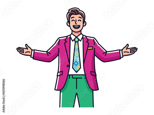 Friendly Welcome: A stylishly dressed individual extends a warm invitation, arms wide, and a smile to greet with open arms in a welcoming environment.