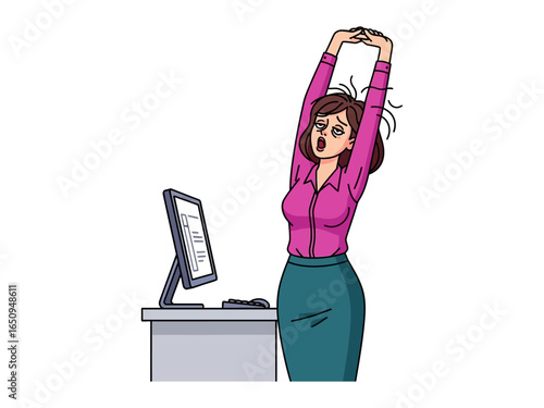 Tired office worker: A weary office worker stretches, battling the fatigue of a long workday and computer screen staring. Showing the realities of daily work life.