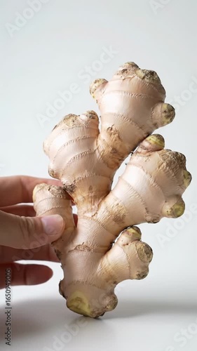 Close-up video of a pristine light brown ginger root on a clean white surface. A manicured hand gently rotates the ginger, revealing its gnarled texture under soft natural light. Concept of natural