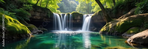 Serene pond waterfall cascading over mossy rocks, creating a tranquil oasis in nature Sunlight filters through the trees, illuminating the glistening water , oasis, wilderness, landscape