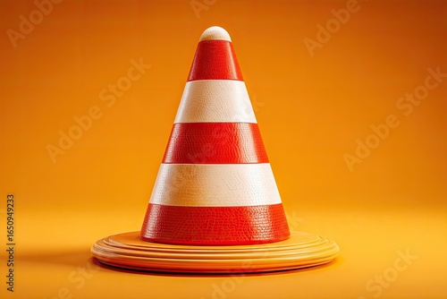 Red and white traffic cone on a small, light orange pedestal against an orange background