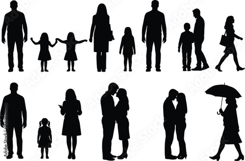 Human interaction silhouettes, relationship poses, black white graphic, family moment, romantic gesture, daily activity, character illustration, emotional expression