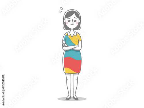 Worried Woman's Expressions: A poignant illustration depicts a concerned woman standing with arms crossed, reflecting a mood of worry, conveying emotional depth, perfect for exploring human feelings.