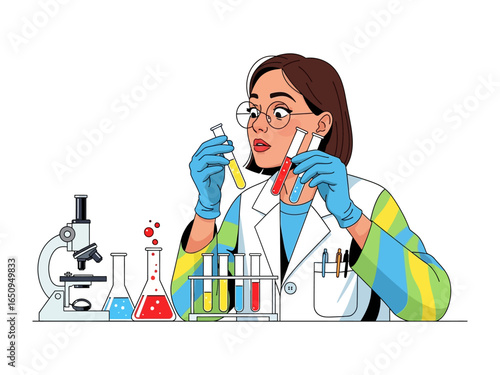 Scientist's laboratory investigation: A focused scientist in a lab coat examines a pair of test tubes. The detailed illustration encapsulates the essence of scientific analysis.