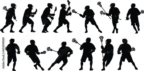 Lacrosse player silhouettes, 12 poses, action stances, stick handling, running, passing, shooting, helmet gear, sport movement, black white