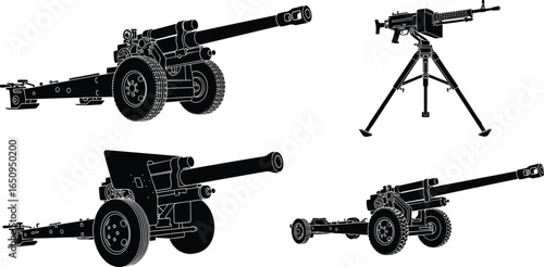 Military equipment silhouettes, field artillery, machine gun, tripod mount, weaponry design, historical weapons, black white graphic, defense tools, war gear