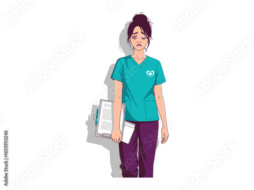 Tired Nurse: A healthcare professional, carrying a medical file, embodies exhaustion and stress while seemingly navigating the challenges of healthcare.