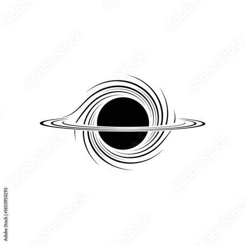 Abstract depiction of a black hole with swirling accretion disk against a white background, symbolizing cosmic forces and scientific exploration.