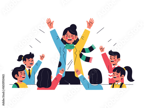 Illustration of Cheerful Instructor and Students: An illustration portraying a vibrant teacher, surrounded by cheering students. Their jubilant postures and expressions create a lively atmosphere.