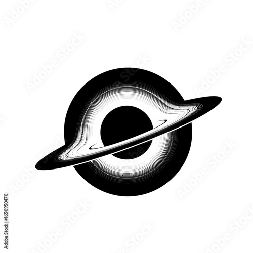 Stylized black and white vector illustration of a black hole, an enigmatic cosmic phenomena. Minimalist icon of a celestial object with a gravitational pull.