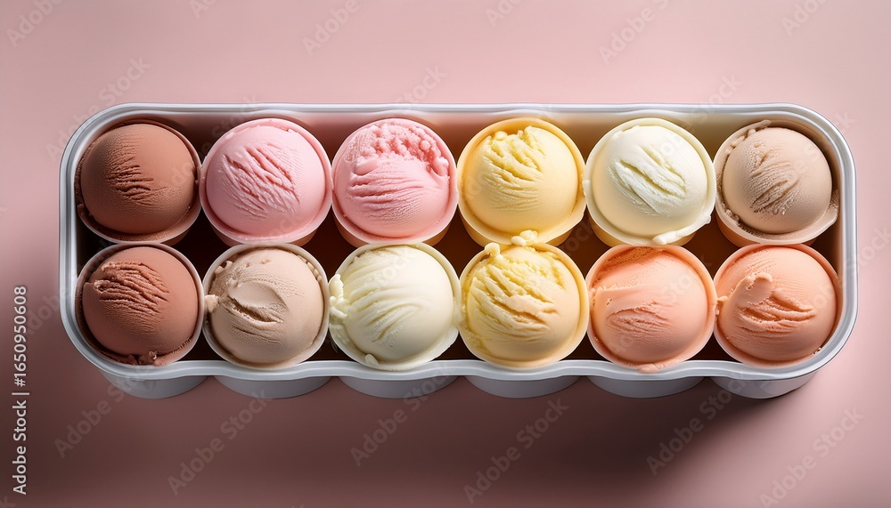 neat rows of pastel ice cream scoops in a container featuring shades of pink peach and vanilla yellow neat rows of pastel ice cream scoops in a container featuring shades of pink peach and vanilla yellow