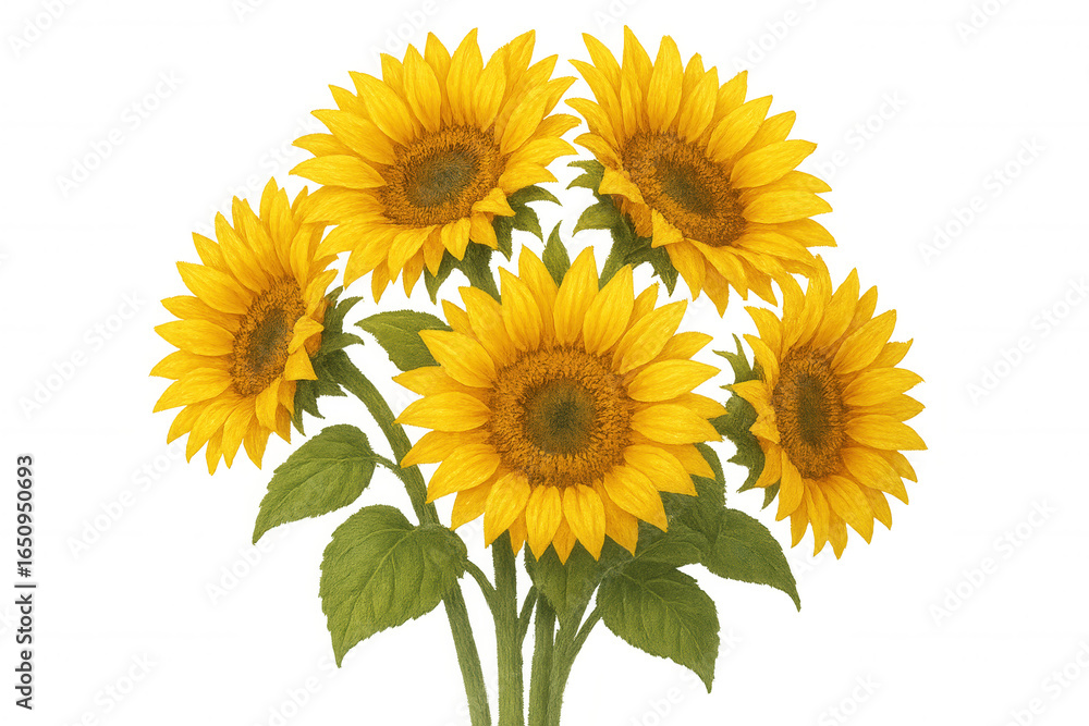 Obraz premium Five blooming sunflowers with green leaves on transparent background, creating a cheerful and vibrant image
