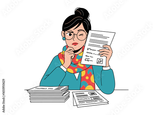 Document Analysis: A woman carefully reviews documents, deep in thought, as she meticulously examines the paperwork spread before her.