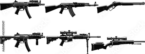 Rifle silhouette set, assault rifle, AK-47, lever-action, sniper, tactical scope, bipod, firearm graphic, black white weapon illustration