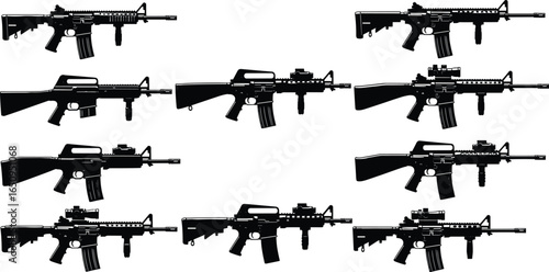 Rifle silhouette set, 10 types, firearm shapes, weapon design, scope, grip, barrel, black white graphic, military, identification