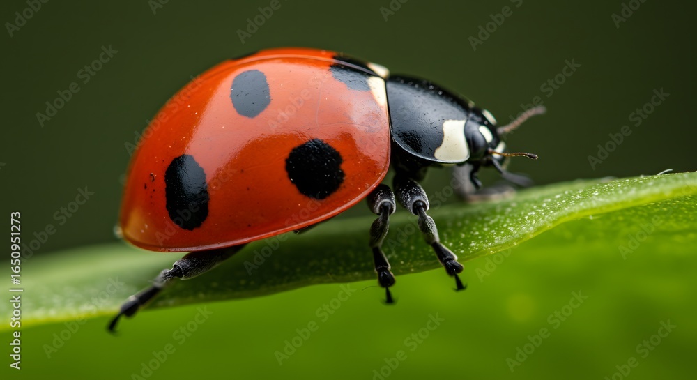 Naklejka premium A vibrant ladybug with its red shell and black spots rests on a green leaf against a blurred background