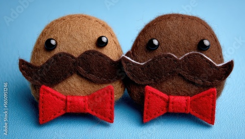 Two felt potato-like figures, brown and tan, with identical red bow ties and dark brown mustaches