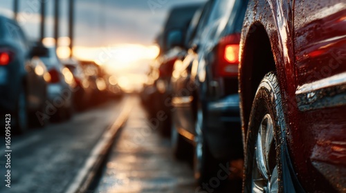Wallpaper Mural A line of cars stuck in a traffic jam as the sun sets in the background, creating a poignant scene of frustration and impatience amid urban life. Torontodigital.ca