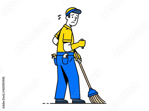Tired of Cleaning: A hardworking cleaner stands dejectedly as he completes his work, highlighting the difficulties and tiredness of labor, against a solid backdrop.