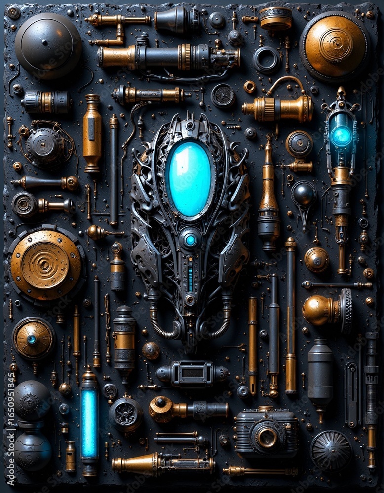 Fototapeta premium Futuristic steampunk machine panel with glowing blue core and mechanical parts
