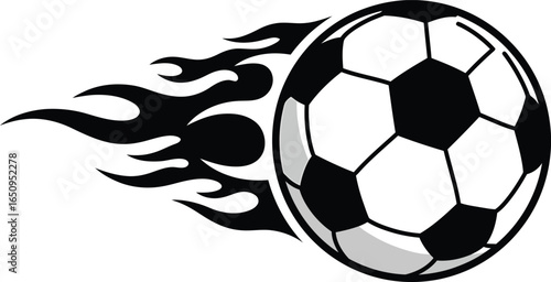 Black and white soccer ball with flames trailing behind it on a white background illustration
