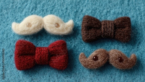 Four felt mustache and bowtie craft items on teal background