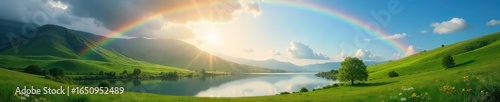 A vibrant rainbow arches over a tranquil landscape, sunlight illuminating rolling green hills and a serene lake Perfect for nature, weather, and environmental themes , weather, light