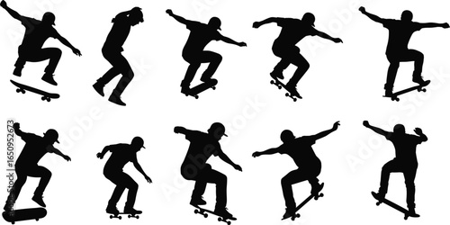 Skateboarder silhouettes, trick poses, dynamic movement, black white graphic, skateboarding maneuvers, action sport, rider illustration, agility expression