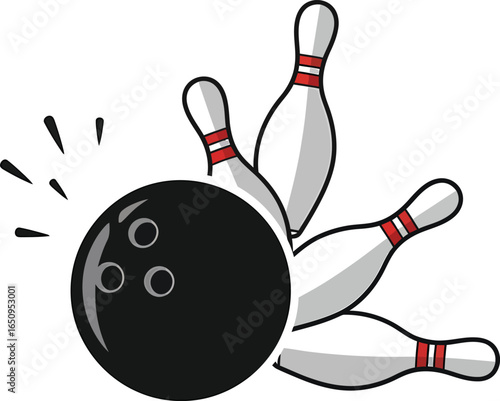 A black bowling ball striking bowling pins with motion trails on a white isolated background