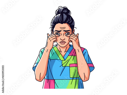 Medical Professional's Exhaustion: A healthcare worker, with eyes filled with weariness, touches her face, illustrating the emotional and physical challenges faced in the medical field.