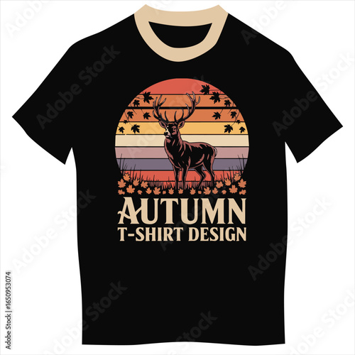 Autumn T-Shirt Design with Deer Silhouette and Sunset