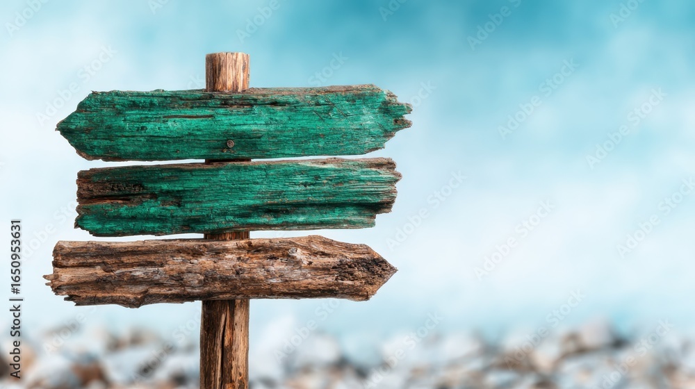 Naklejka premium A weathered wooden signpost with three arrows stands against a blurred natural backdrop, evoking a sense of adventure and exploration in the great outdoors.