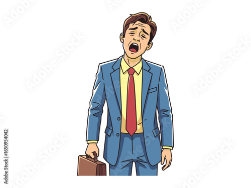 Exhaustion: A portrait of a weary individual, slumped with fatigue and a hint of resignation, dressed in a suit, expressing the universal sentiment of overwhelm