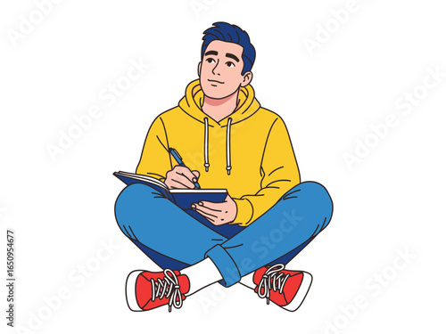 Man writing and thinking: A young man is depicted in the act of writing and contemplating. He is seated with a notebook in his hands, immersed in thought, ready to jot down the details