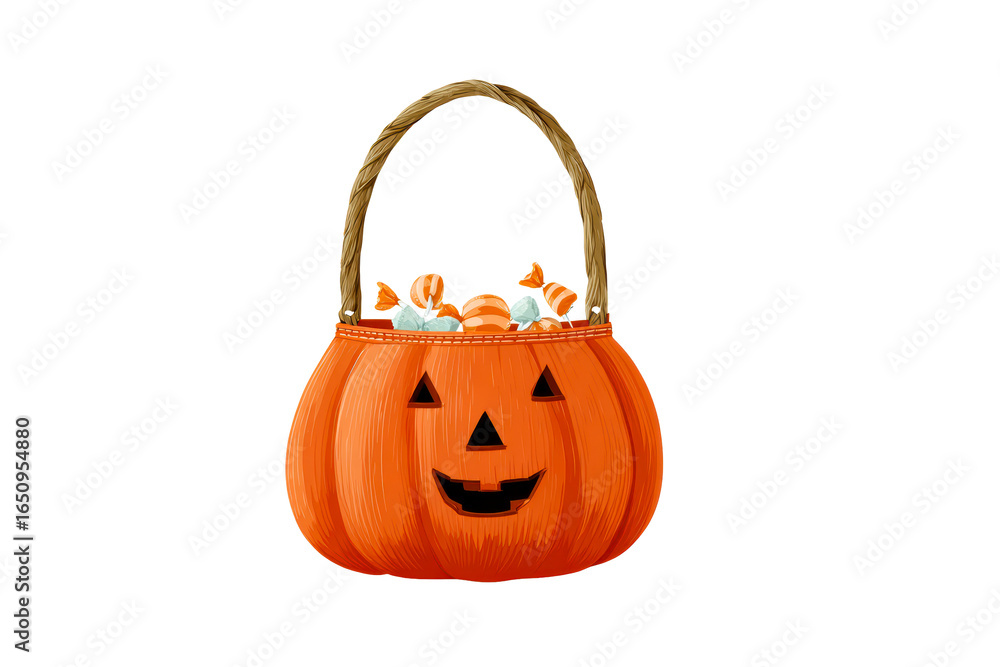 Fototapeta premium Orange pumpkin basket filled with candies