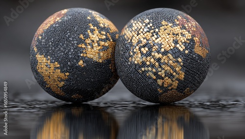 Two abstract spheres, dark gray and gold, sit on a reflective surface.  Detailed textures