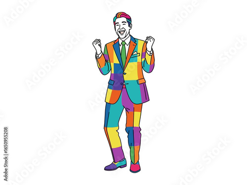 Joyful Success: A sharply dressed individual in a vibrant patchwork suit exults in achievement. Depicting personal triumph with energetic pose and animated expression.