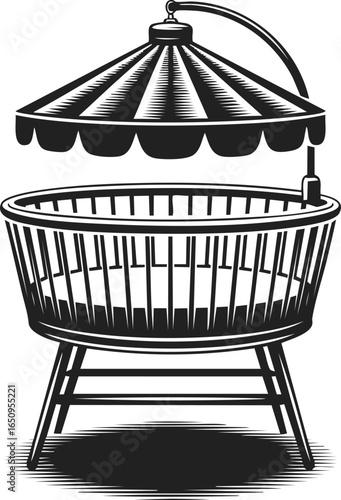 Baby incubator, vintage crib, infant care tool, nursery furniture, wooden baby bed, protective canopy, classic design, engraved illustration