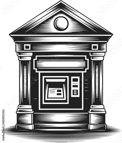 Bank branch building, vintage engraved style, financial services kiosk, automated teller machine, classical architecture