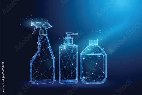 A digital illustration of three cleaning product bottles rendered in a low-poly wireframe style
