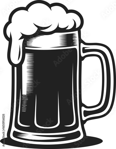 Beer mug, frothy drink vessel, refreshing beverage container, vintage engraved style illustration