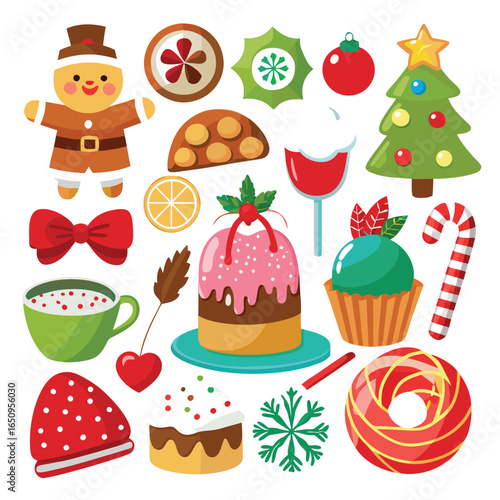 A vibrant collection of festive Christmas treats and decorations including gingerbread man, cakes, candy cane, and a decorated tree.