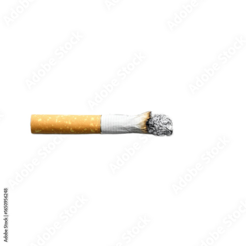 Cigarette butt is on a white background with a lot of ash and smoke