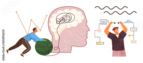 Person organizing tangled ideas using green yarn with a brain, another lifting conceptual thinking weights. Ideal for mental health, resilience, mindfulness, strategy, problem-solving, productivity