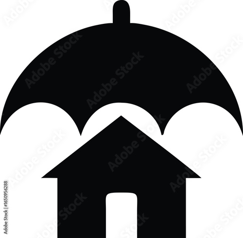 Black Silhouette Icon of Umbrella Protecting House Minimal Vector Symbol for Home Insurance, Shelter, and Safety Services