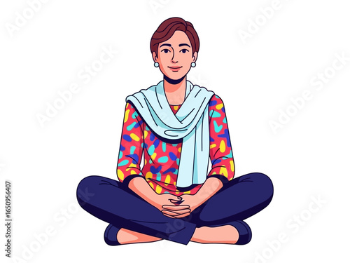 Serene Posture of Contentment: An illustration showcasing a woman at peace, seated in a cross-legged posture, embodies a sense of relaxation and contemplative presence.