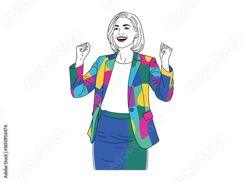 Woman's Celebration: A vibrant illustration of a successful woman, arms raised in triumphant celebration. She stands out with a colorful jacket, embodying achievement and happiness.
